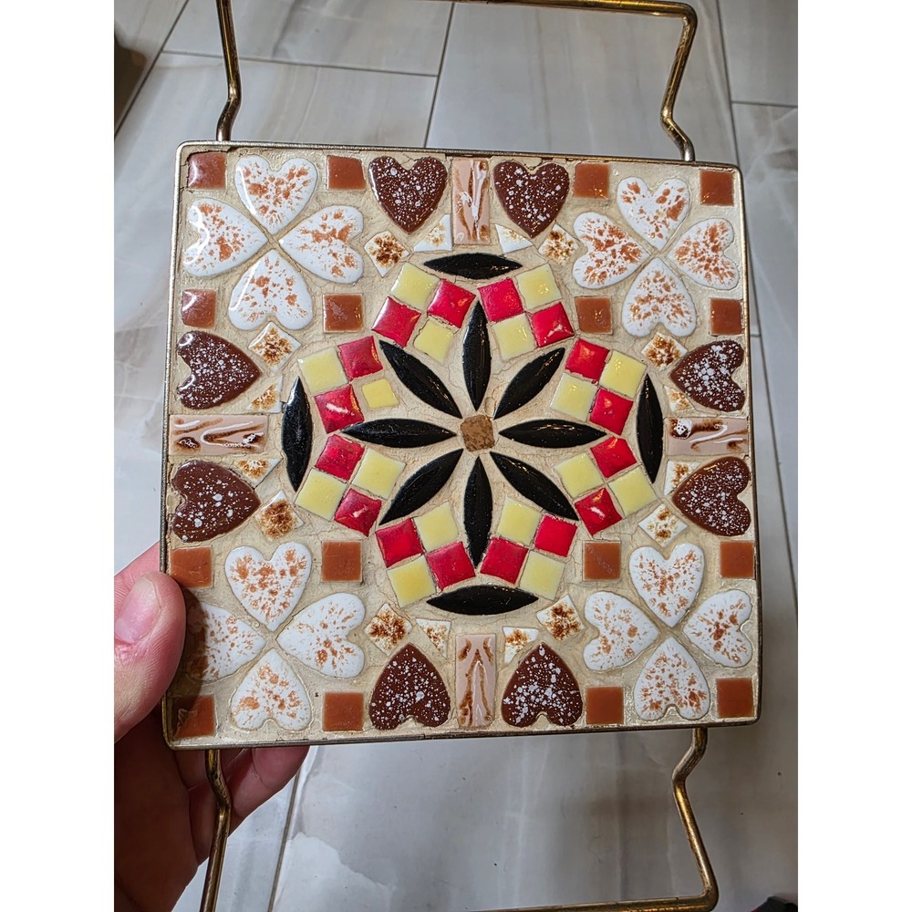 Vintage Mosaic Tile Trivet Gold Metal Frame Hearts Clovers Folk Art Mid C1